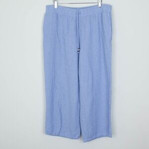 Susan Graver Pure Womens Blue Linen Blend Wide Leg Cropped Pants L Elastic Waist